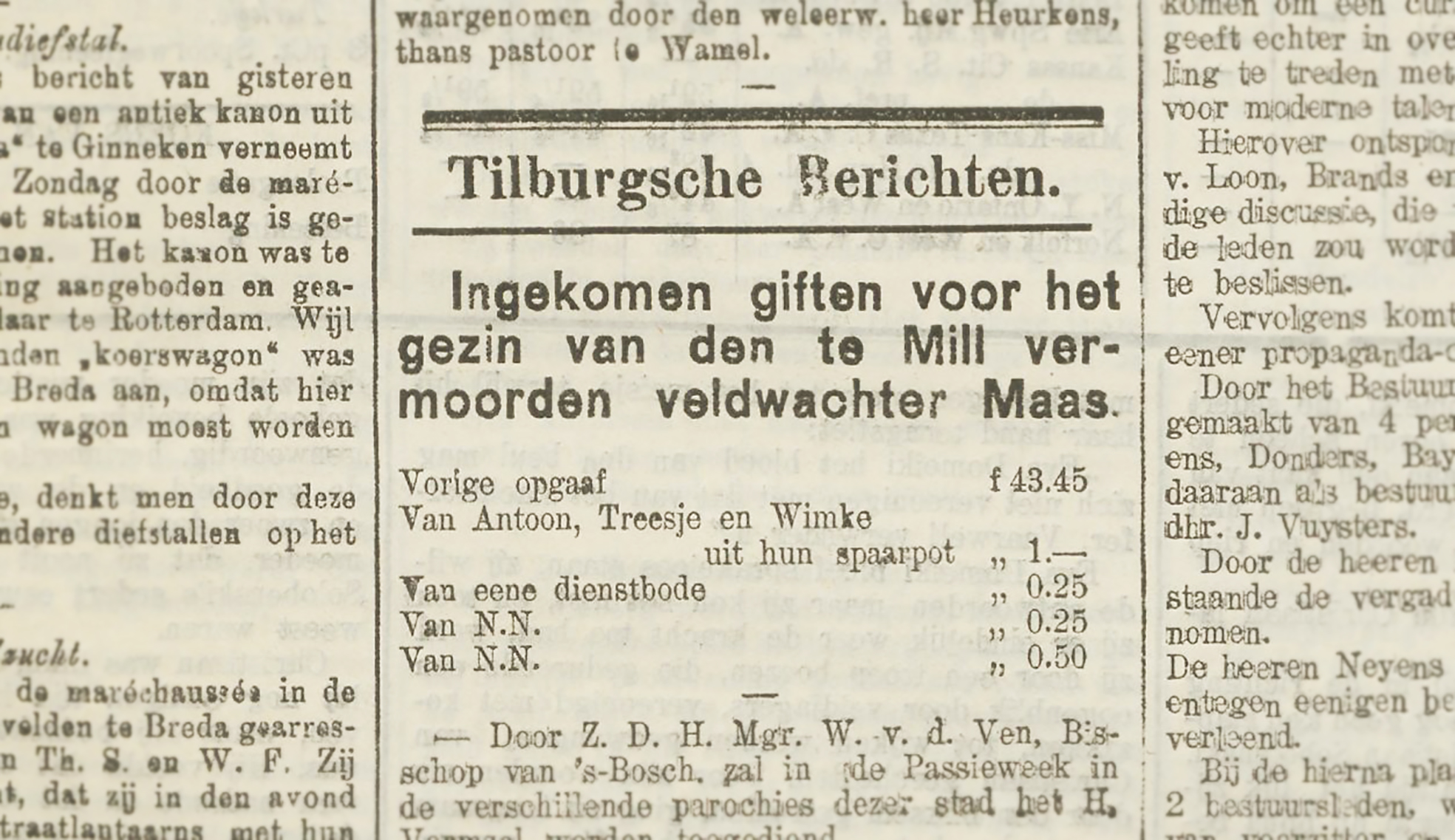 Artikel uit de Nieuwe Tilburgsche Courant van februari 1907. Voor het gezin van de vermoorde veldwachter werd geld ingezameld.  
