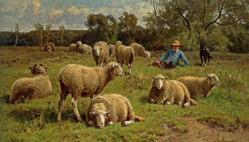 Een schaapsherder bij zijn kudde.  Cornelis van Leemputten (1841-1902). 