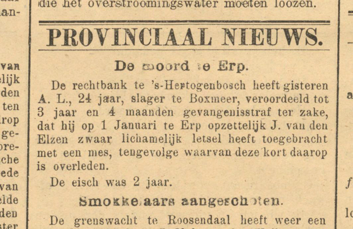 Bericht uit de Bredasche Courant van 12 mei 1916: de Boxmerenaar moet ruim drie jaar de cel in. 