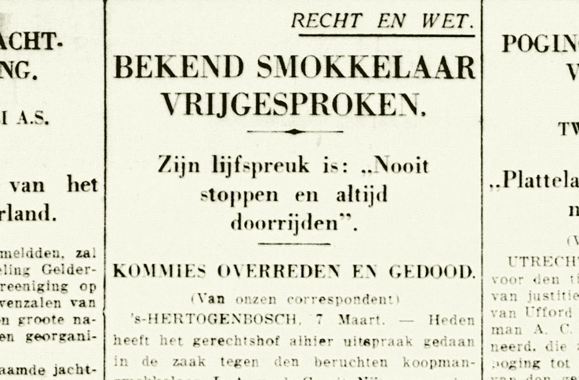 Bericht uit De Telegraaf van 7 maart 1934 over de beroepszaak tegen de smokkelaar.