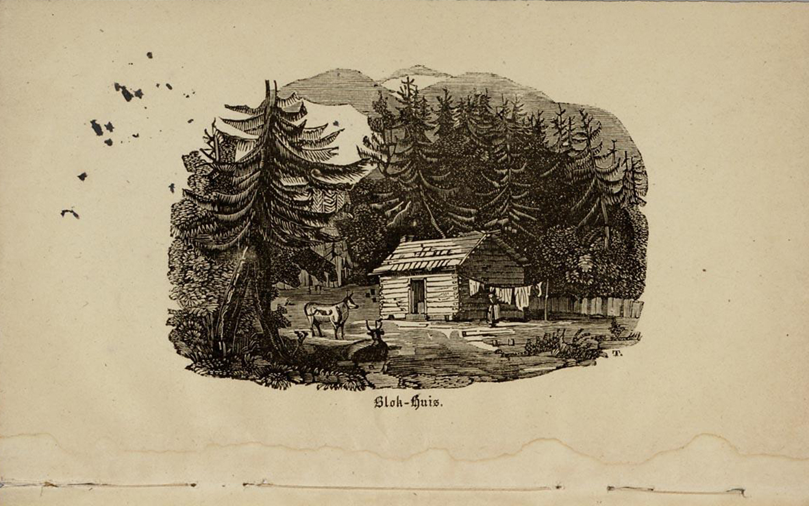Tekening van een blokhut uit Het boek der landverhuizers van Moritz Beyer uit 1846. Illustratie: Koninklijke Bibliotheek
