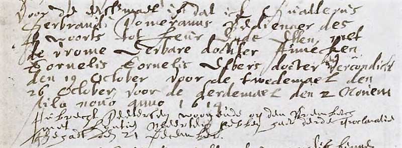 Registratie van het huwelijk van Gualterus Pomeranus en Anneken Elbers. (bron dtb West-Brabants Archief)