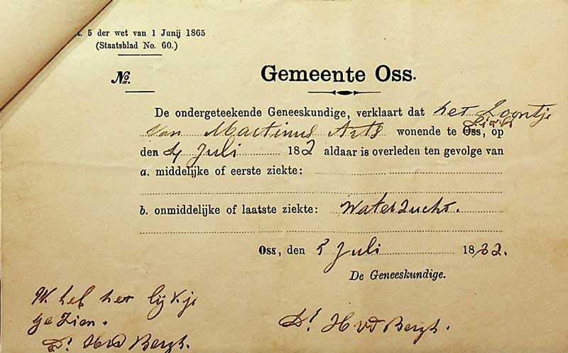 Eerste doodsbriefje van dr. Van den Bergh 1882