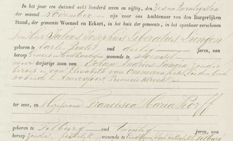 Huwelijksakte Lüngen-Korff, Woensel 1857