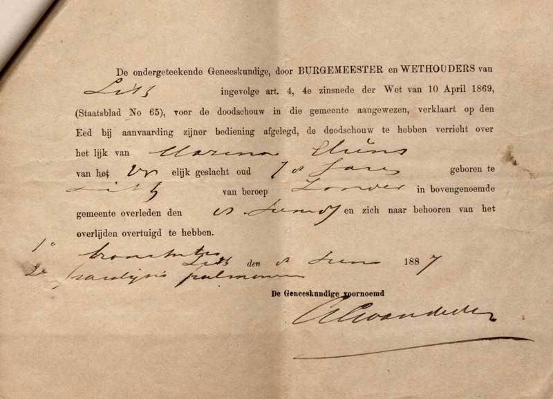 Eerste doodsbriefje dr. Van de Ven, 1887