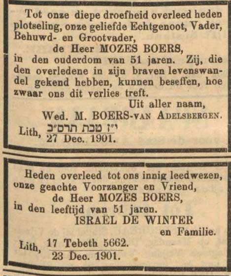 Overlijdensberichten Mozes Boers, 1901