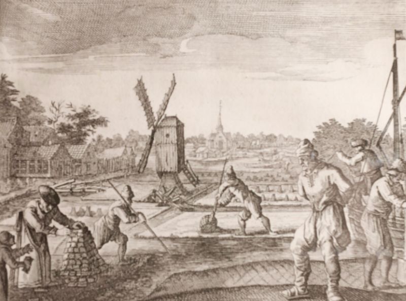 Turfsteken in de Middeleeuwen in Amstelveen. Kopergravure uit Beschrijvinge van Amsterdam, samengesteld door Casparus Commelin. 