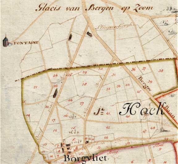 de ligging van (nu Oud-)Borgvliet ten opzichte van de stad Bergen op Zoom en de Oosterschelde met links de Gertrudisbron (= Fontaine) en deze kaart uitvergroot (bron: Rijksdienst voor Cultureel Erfgoed, kadastrale kaarten 1811-1830)