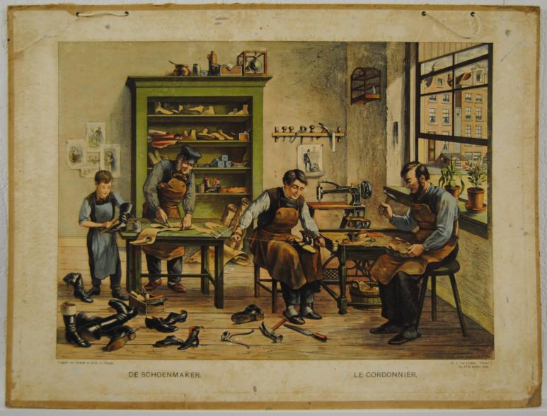  BIJSCHRIFT:  De schoenmaker, schoolplaat van Josef Hoevenaar. 