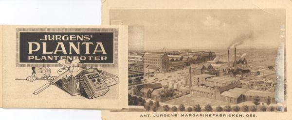 Ansichtkaart van  de margarinefabriek van de firma Ant. Jurgens. Aan de voorzijde een fotoboekje met plaatjes van het productieproces, 1913 (Collectie Stadsarchief Oss)