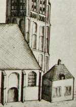 Detail van een tekening door H. Verhees, met raadkamer tegen kerk