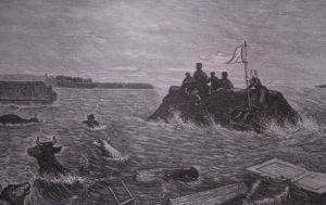 Gravure van de dijkdoorbraak bij Nieuwkuiijk in 1880