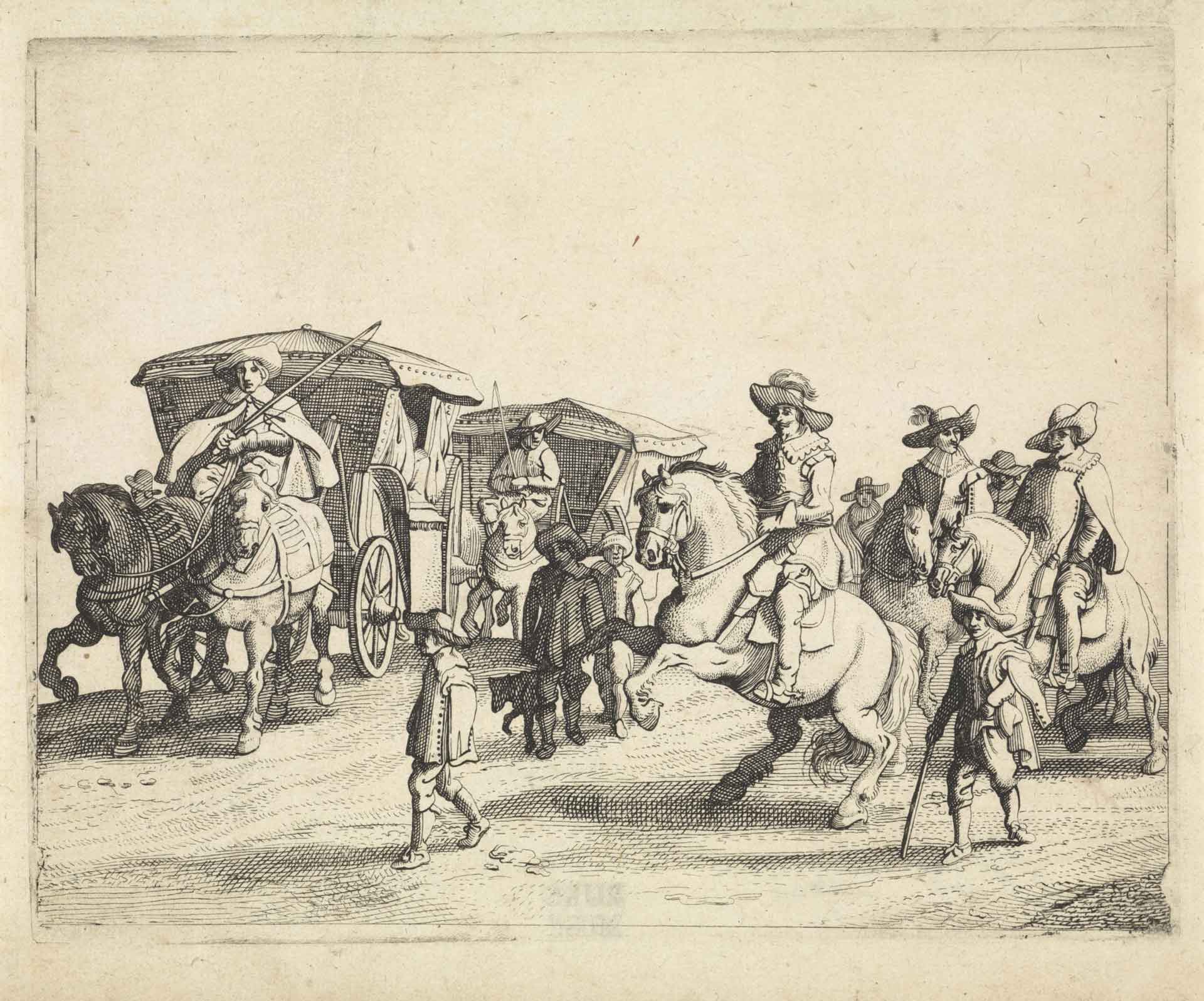 Legereenheden met ruiters en koetsen in de 17e eeuw (Jan van de Velde (II), naar Jan Martszen de Jonge, 1632 - 1682 (Rijksmuseum, objectnr. RP-P-1898-A-20241)