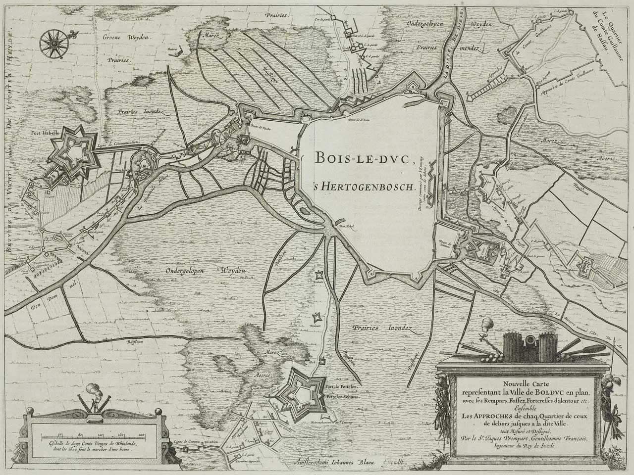 Kaart van ’s-Hertogenbosch tijdens het beleg van 1629 met links fort Isabella en het kleinere fort Sint Antonie en onder de vijfhoek van de Pettelaarschans [Beeldbank TU Delft via Wikimedia Commons]