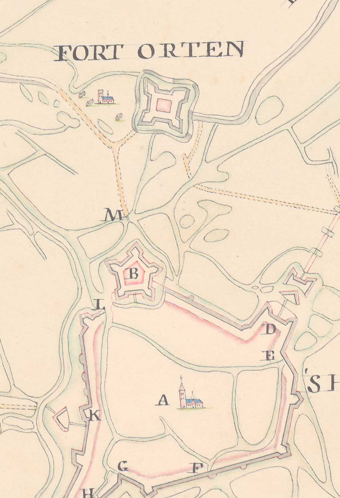 Fort Orthen, de stad (A) en de Citadel (B) op een kopie van een kaart uit 1674 (bron: BHIC, inv. nr. 343-000683)