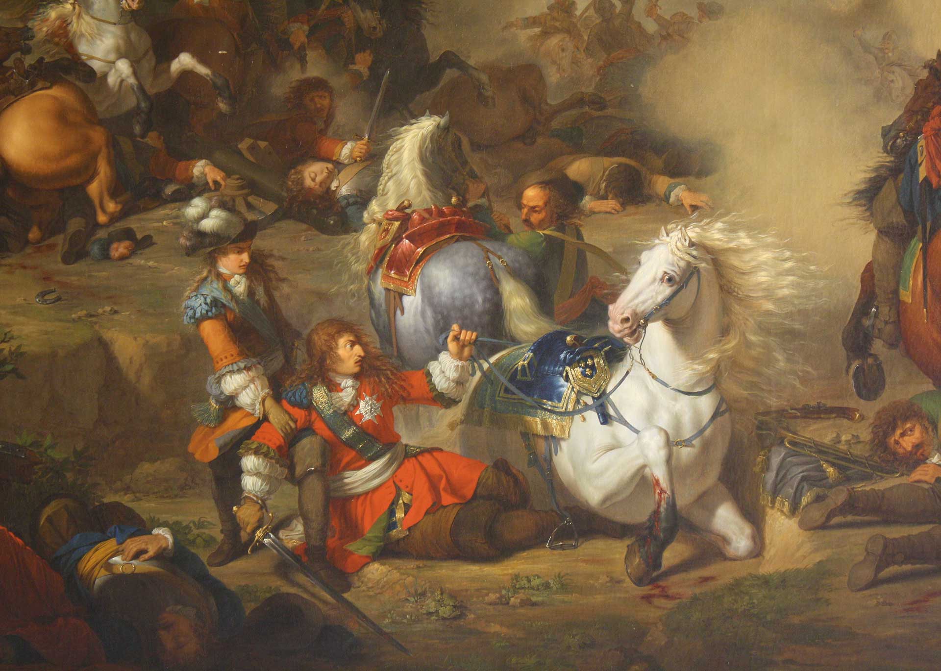 Detail van de slag bij Seneffe van Bénigne Gagneraux uit 1788 – de Franse prins Lodewijk II van Bourbon-Condé is met zijn paard gevallen (bron: Musée des Beaux-Arts de Dijon via Wikimedia Commons; publiek domein)