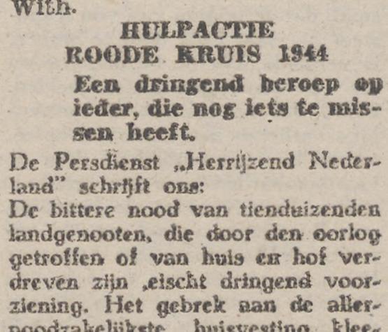 Hulpactie Roode Kruis (bron: Nijmeegsch Dagblad, 29 dec. 1944)