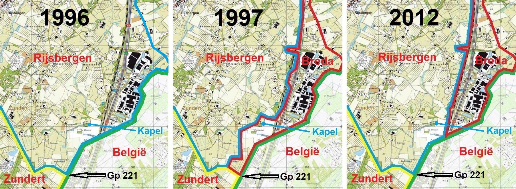 Situatie gemeentegrens Rijsbergen. Blauw: Zuid-Oostelijke grens van Rijsbergen, Rood: Zuidelijke grens van Breda, Geel: Noord-Oostelijke grens van Zundert, Groen: Westelijke grens van België.