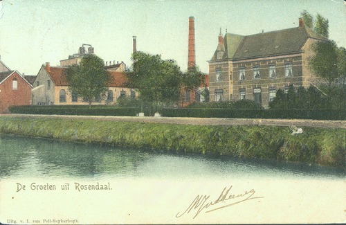 Roosendaal, Oostelijke Havendijk, suikerfabriek De Ram & cie., rechts daarvan directeurswoning, 1904 (WBA, K00295)