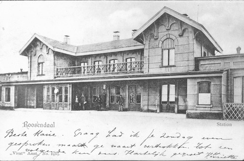 Roosendaal, Stationsstraat, voorgevel oud station tegenover Vughtstraat, 1901 (WBA, K00793)