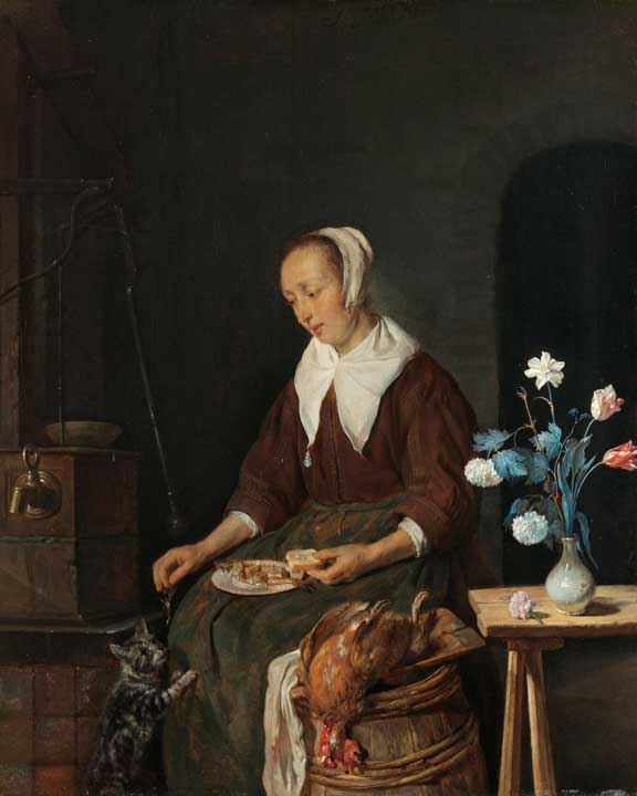 Vrouw aan de maaltijd, bekend als ‘Het ontbijt van de kat’, Gabriël Metsu, ca. 1661 - ca. 1664  (coll. Rijksmuseum Amsterdam)