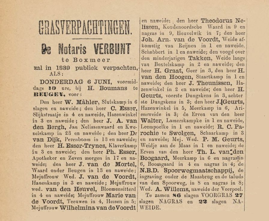 BIJSCHRIFT: Advertentie in het Boxmeers Weekblad van 25 mei 1889 waarin de veiling van grasland wordt aangekondigd. 