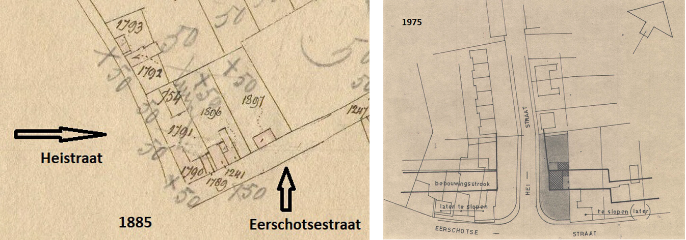 Hoek Heistraat-Eerschotsestraat op de kadastrale kaart, 1885 en 1975