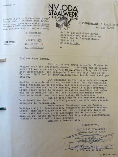 Bedankbrief van de gebroeder Van de Kamp, 1955