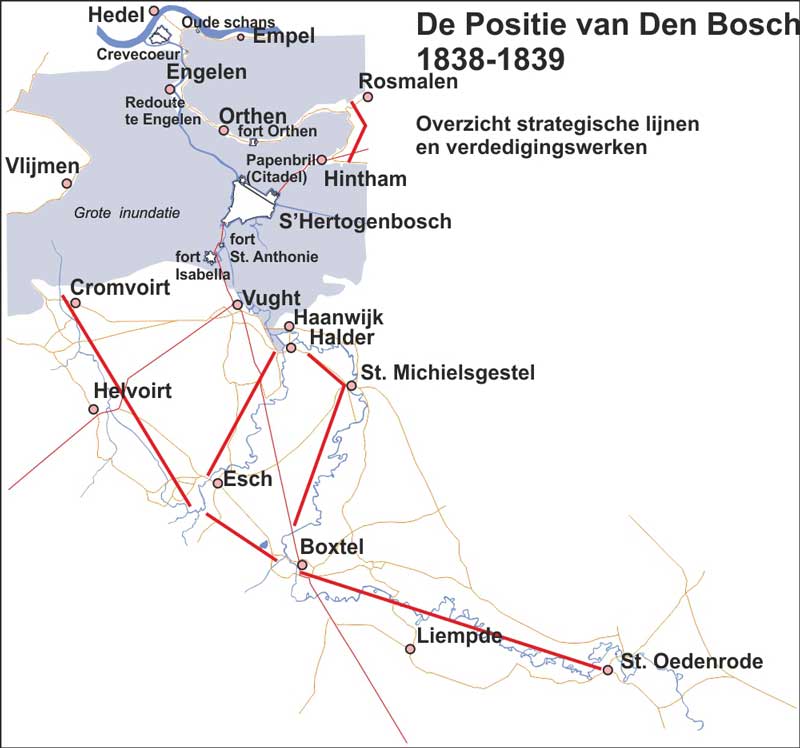 De positie van Den Bosch naar de opzet van de Prins van Oranje in 1838-1839 (kaart gemaakt en vriendelijk beschikbaar gesteld door David C.H. Ross)