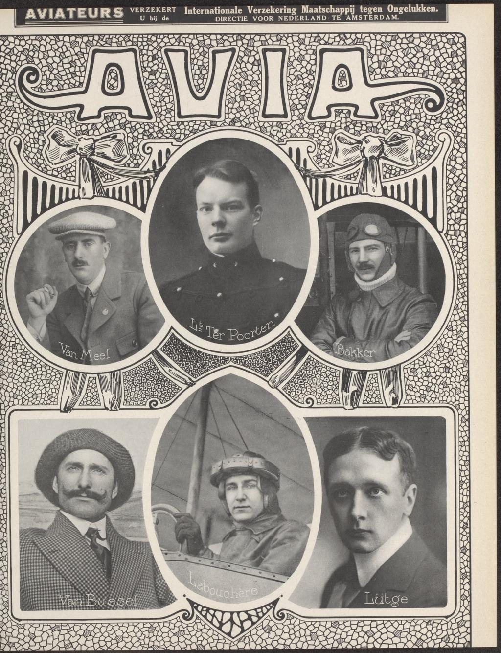 De zes piloten, die aan de legermanoeuvres deelnamen (bron: AVIA 1(1911) no. 11)