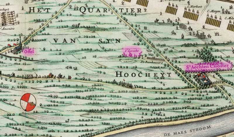 Detail uit een kaart van het beleg van het Genneperhuis, met in roze gemarkeerd: Oeffel (Offel), het gerecht, en het klooster van Sint Agatha (St. Aechten Clooster)