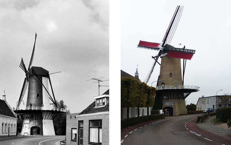 Foto’s straatbeeld Molenstraat 1972 (links) Rijksdienst voor het Cultureel Erfgoed en  10 november 2020 (rechts) foto ©Jan van Vliet