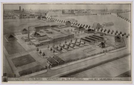 Het slachthuis en de veemarkt, getekend door P. Ruigvoorn, 1926 (Collectie Regionaal Archief Tilburg)