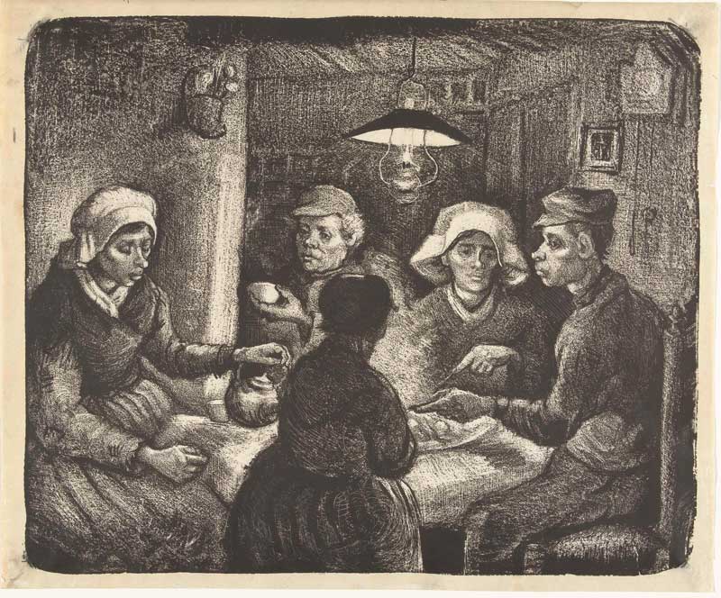 Vincent van Gogh, De Aardappeleters (litho, 1885. Bron: Wikimedia Commons. Publiek domein)