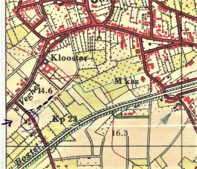 Staande op de Burenstraat rechts het Oliemolenvaartje. Omcirkeld het woonhuis op de derde foto. Bron: Topogr. kaart 1953