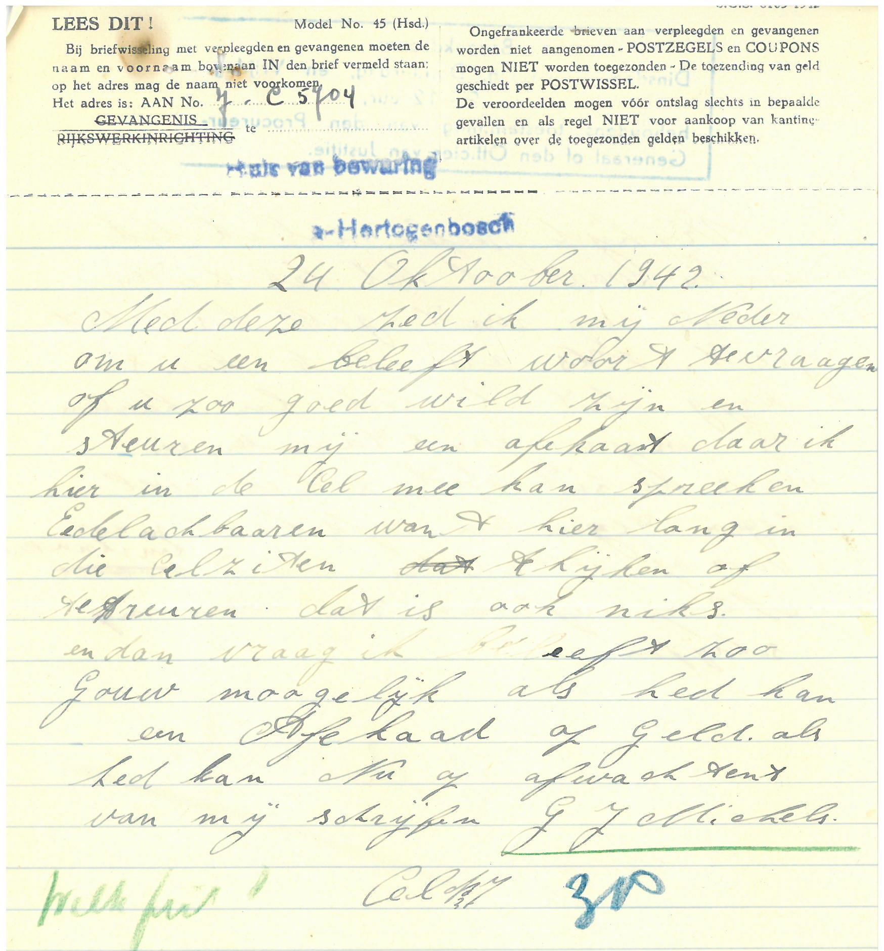 Verzoek van Michels om een 'afekaat' (advocaat). 24 oktober 1942.