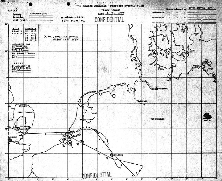 De beoogde route van de B-17. Bron: NARA, MACR2234
