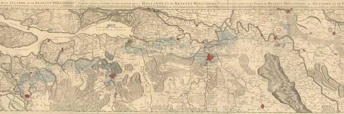 In 1748 verscheen een fraaie kaart van de hele Zuider Waterlinie van Covens en Mortier (Amsterdam). Bron: Riksarchivet (Zweden), K0010766_00001. Klik op de kaart voor groter beeld.