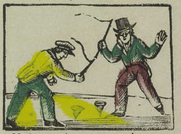 Jongens spelen met hun tol. Detail van een zogenaamde centsprent, c. 1834-1844. Bron: collectie Koninklijke Bibliotheek via Wikimedia (publiek domein)