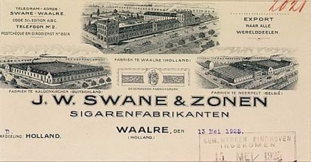Briefhoofd van J.W. Swane en Zonen Sigarenfabrieken (bron: archief Waalre's Erfgoed)