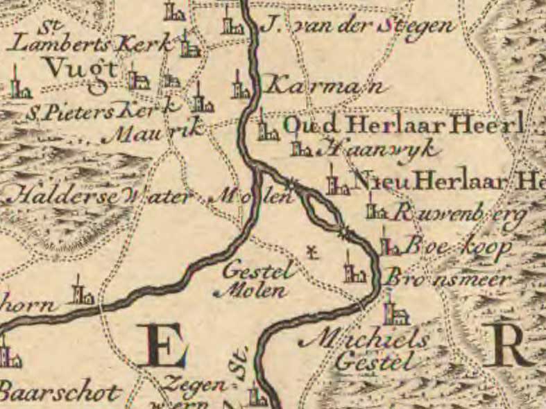 De molens op een kaart uit 1748 (bron: Riksarkivet, kaart nr. SE/KrA/0401/08/B/057; detail)