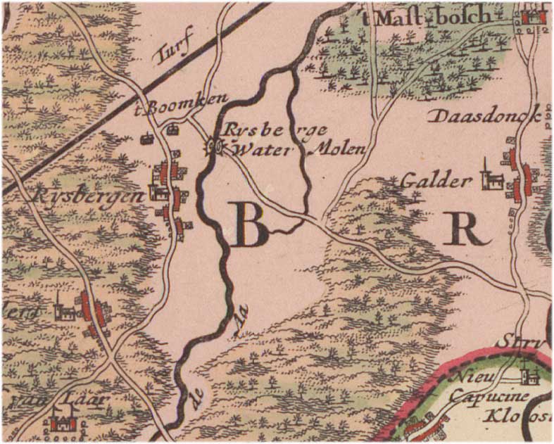 De Kaarschotse ('Rysberge') molen op een kaart uit de tweede helft van de 17e eeuw (bron: BHIC, 343 Collectie kaarten en tekeningen van het Rijksarchief in Noord-Brabant, ca. 1500 - ca. 2000, nr. 42)