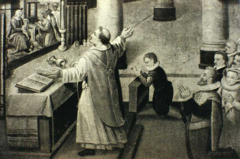 In Boxtel stootte rond 1380 priester Eligius van den Aker tijdens de Heilige Mis de miskelk met witte wijn om, waarop bloedvlekken op de altaardoeken verschenen. Het begin van de H. Bloedprocessie in Boxtel (bron: BHIC, fotonummer 1901-008227)