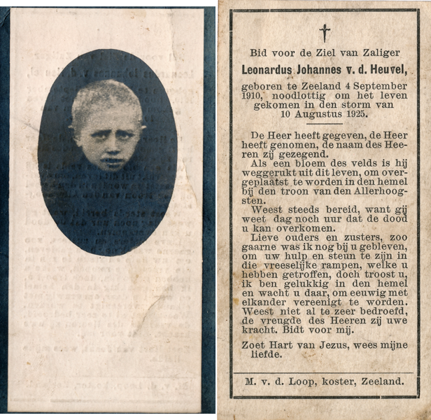Voor- en achterzijde van het bidprentje van Leonardus Johannes van den Heuvel (vriendelijk beschikbaar gesteld door J. Vervoort). Klik voor een vergroting.